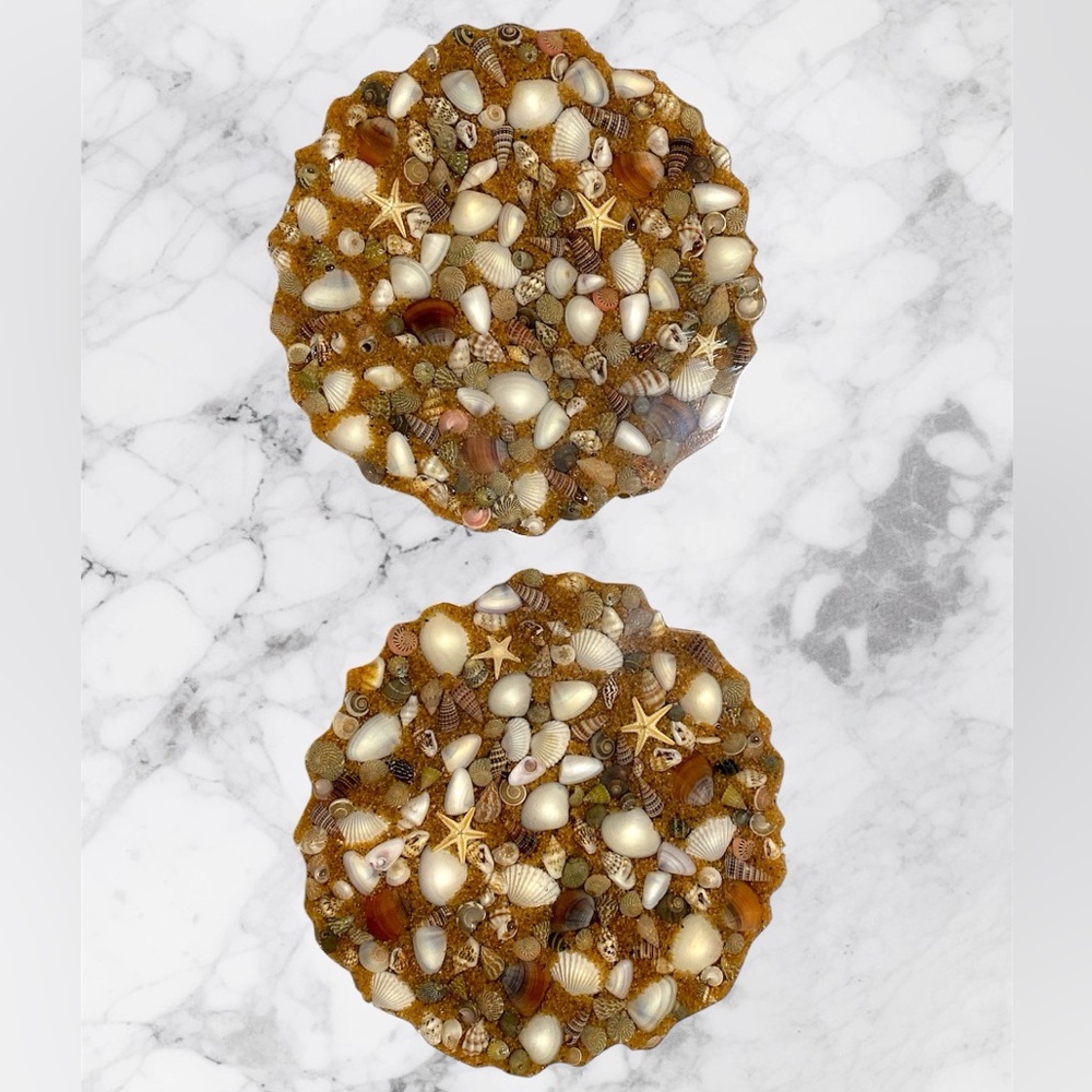 🐚🐚Set of 2 Sand & Seashells Beach Coasters Handmade SALE